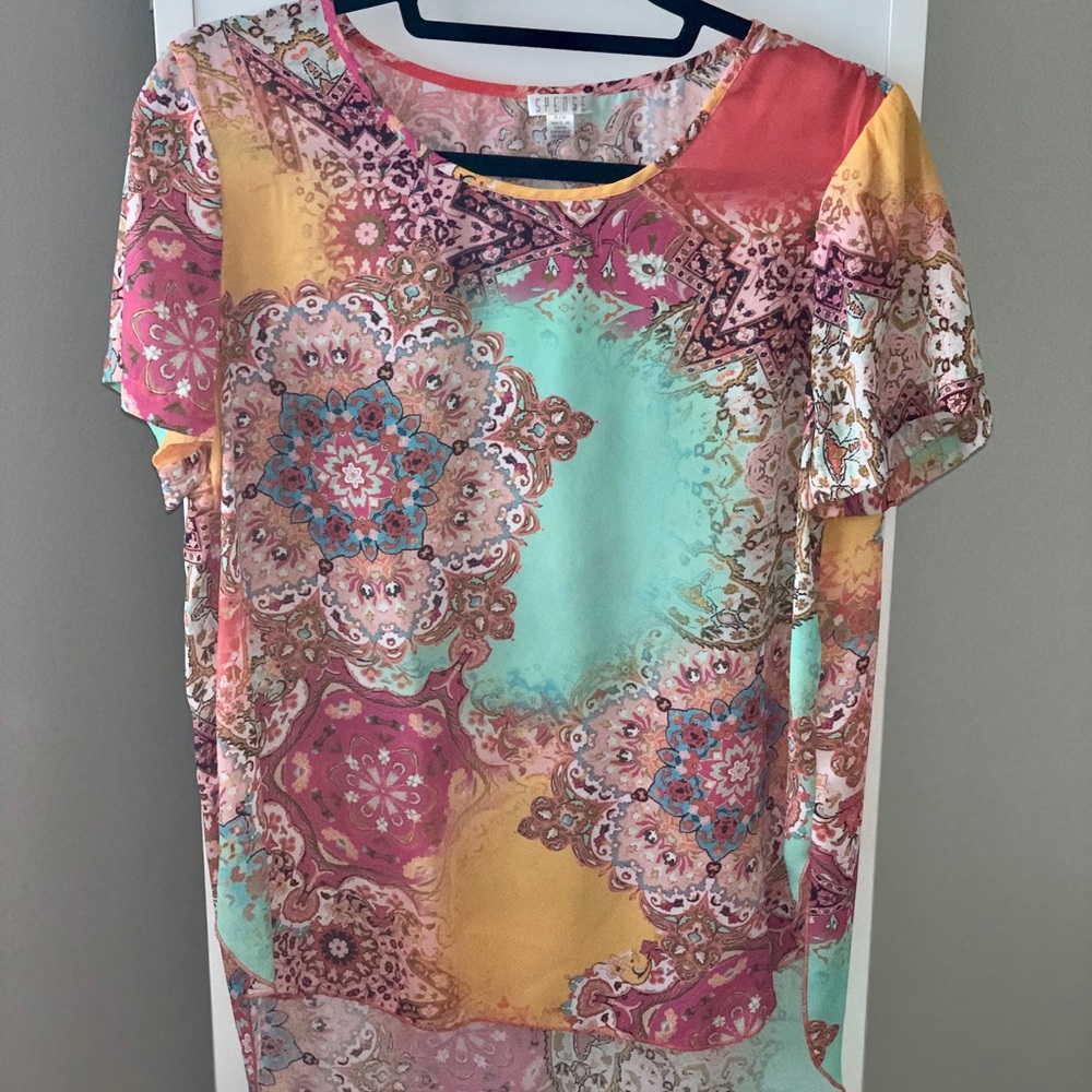 Sheer multicolor printed Hi-low style shirt